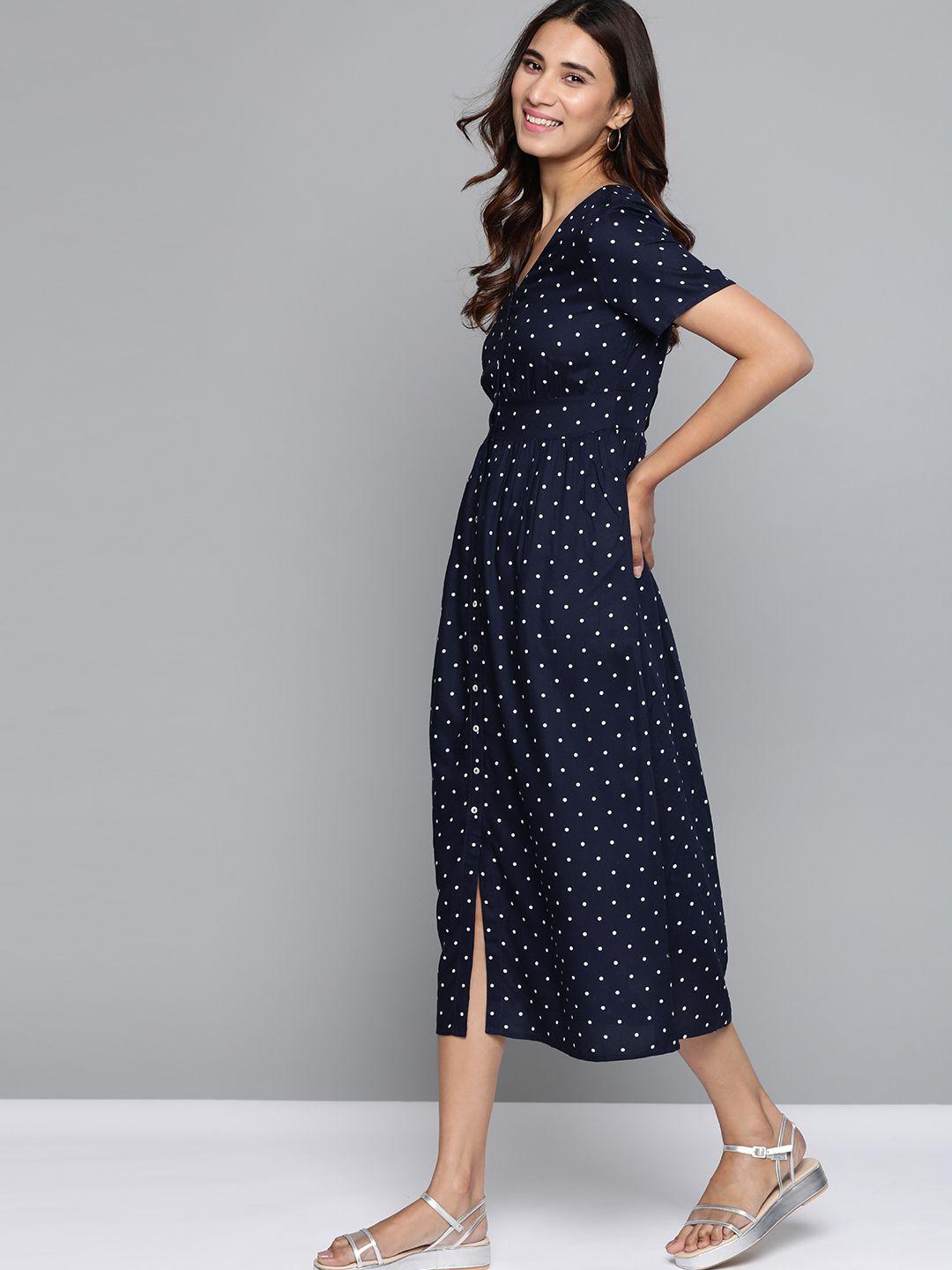 mast & harbour women navy blue & white polka dots print a-line dress