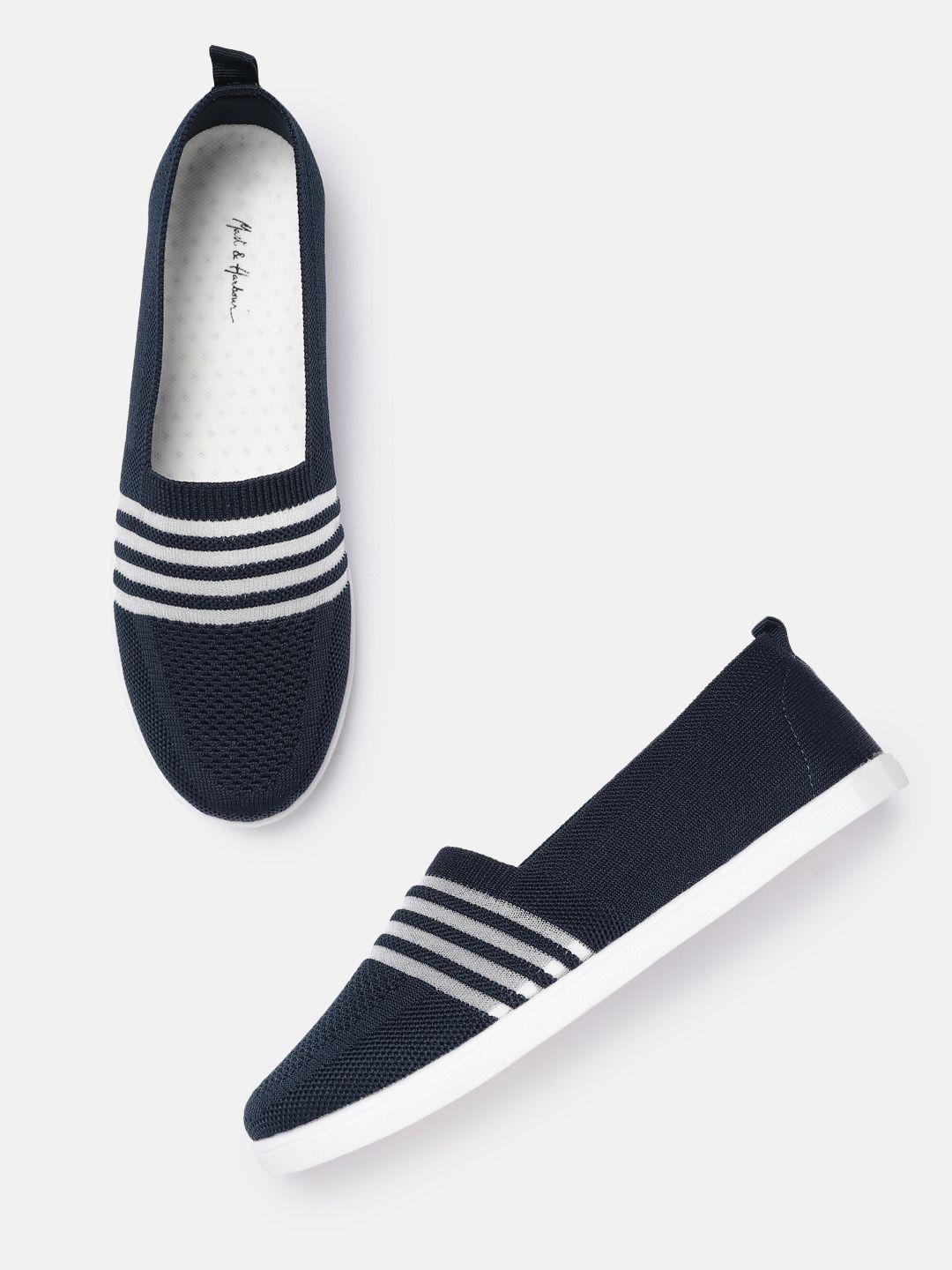 mast & harbour women navy blue & white striped slip-on sneakers
