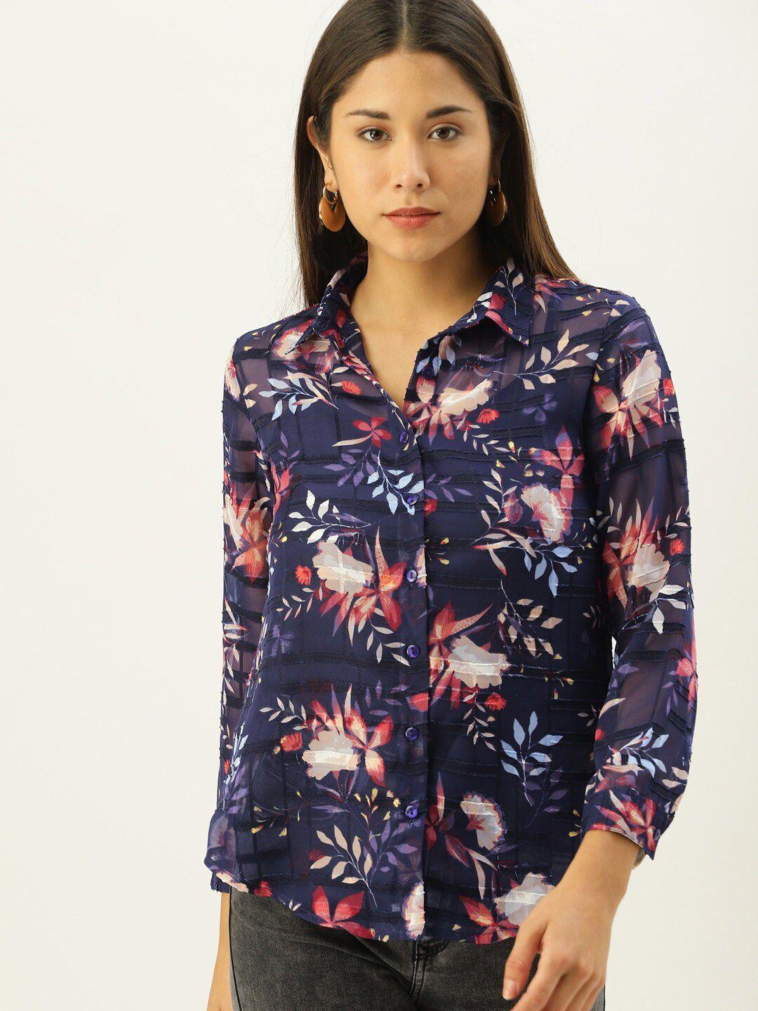 mast & harbour women navy blue floral opaque printed casual shirt