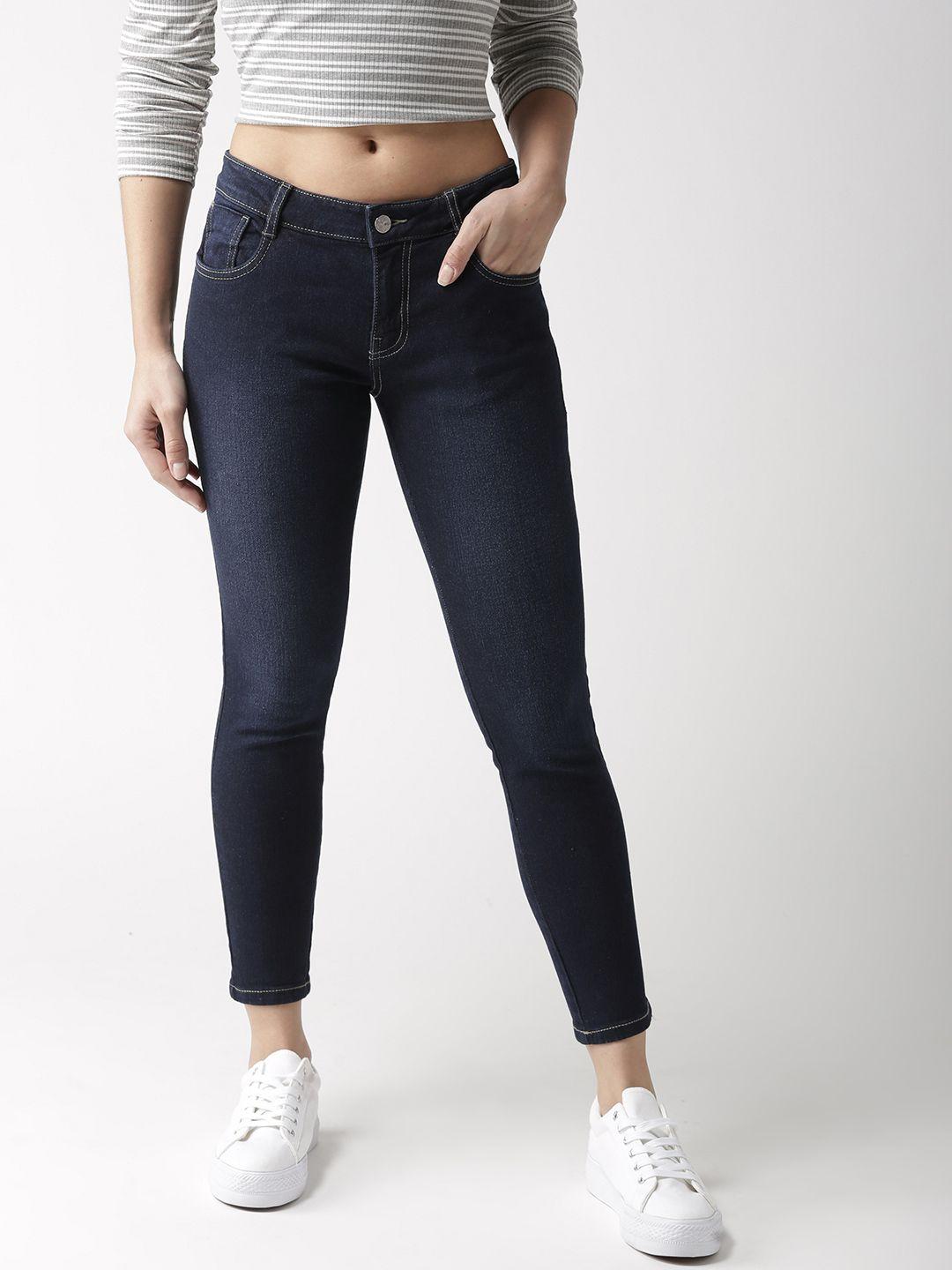 mast & harbour women navy blue skinny fit mid-rise clean look cropped stretchable jeans