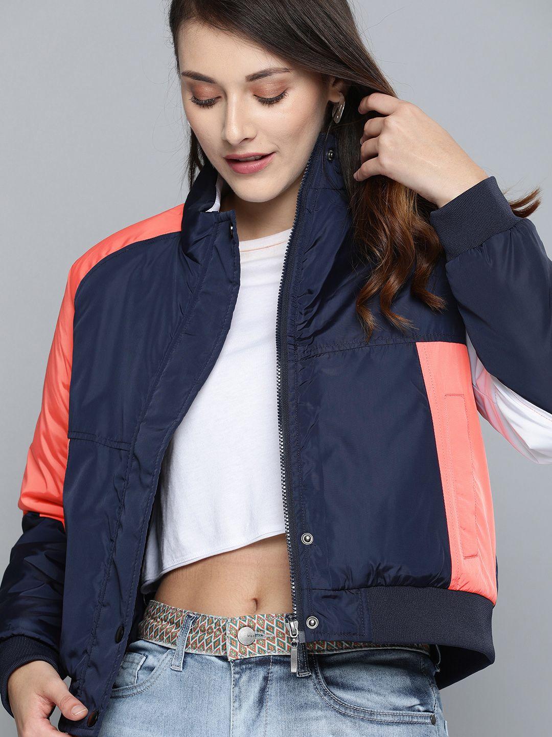 mast & harbour women navy blue solid bomber jacket with contrast sleeves