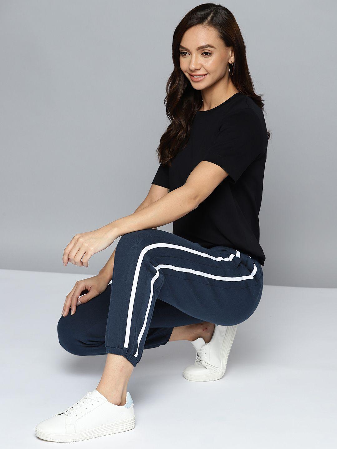 mast & harbour women navy blue solid cropped joggers