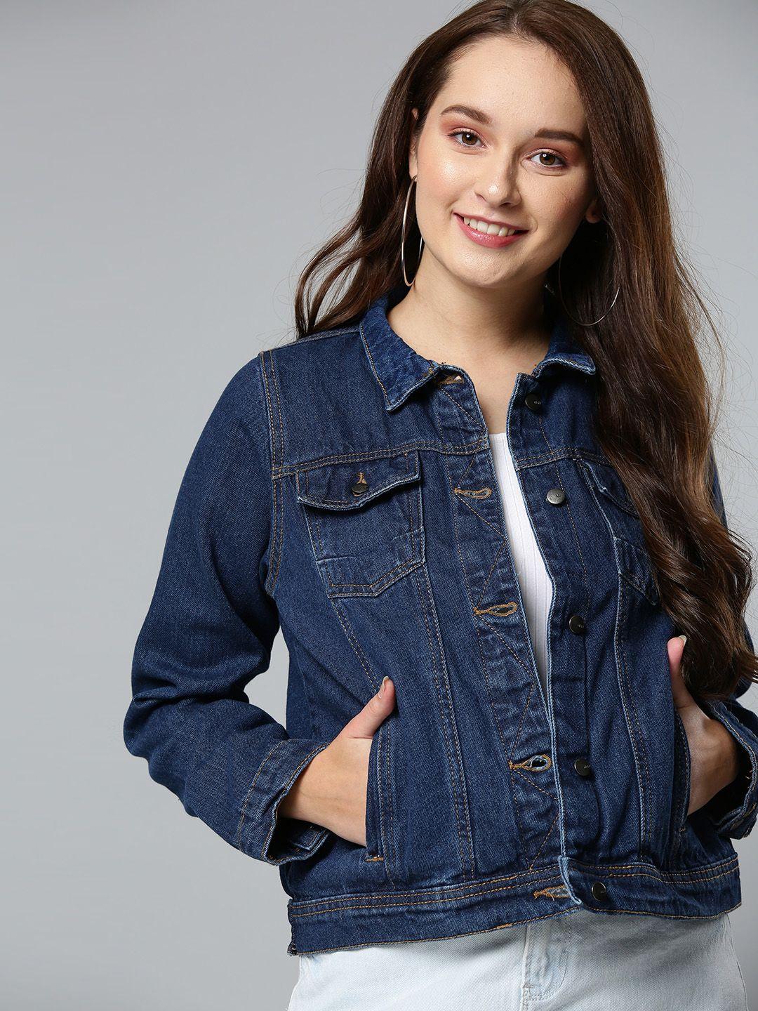 mast & harbour women navy blue solid denim jacket