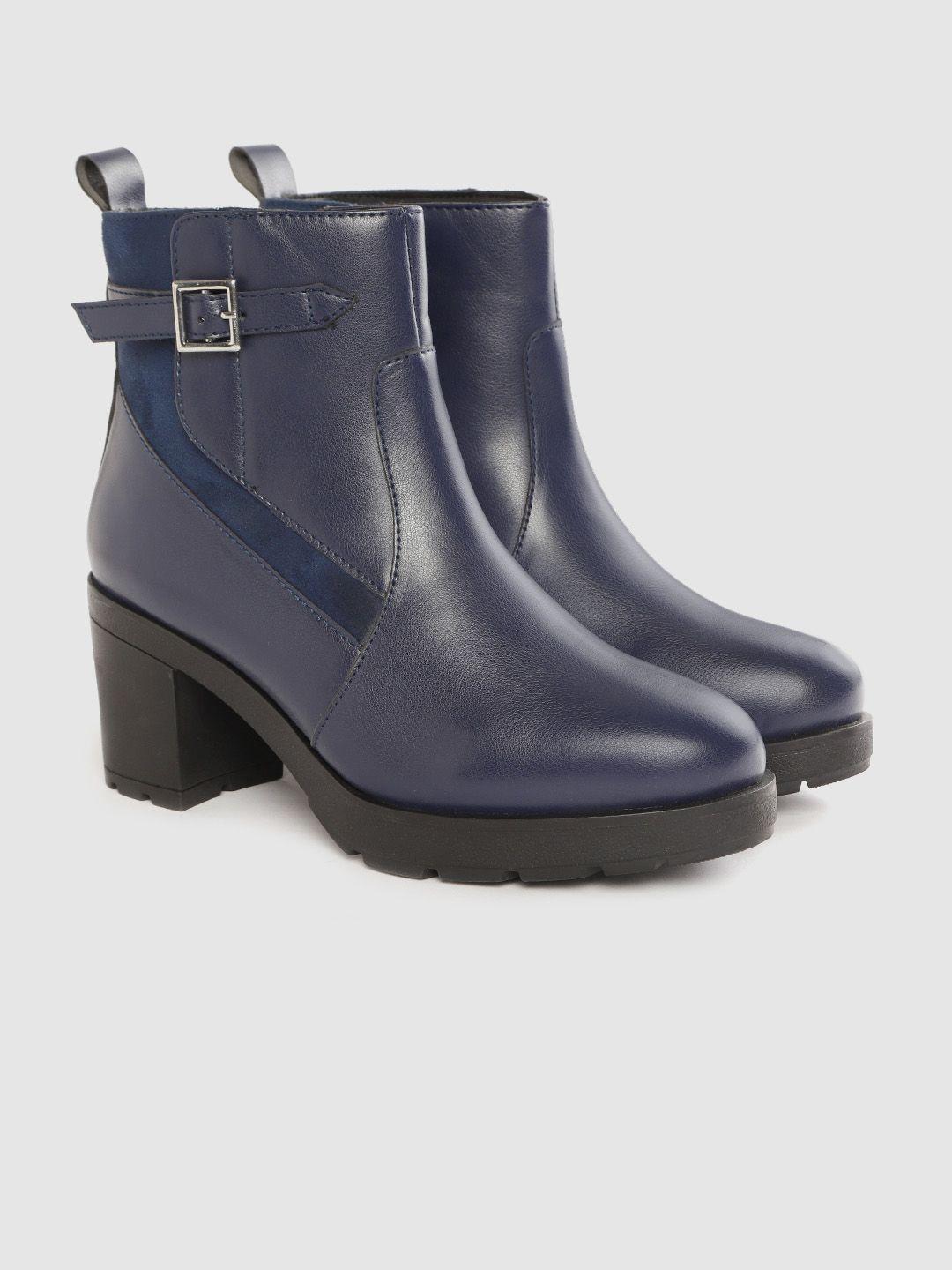 mast & harbour women navy blue solid heeled boots with buckle detail