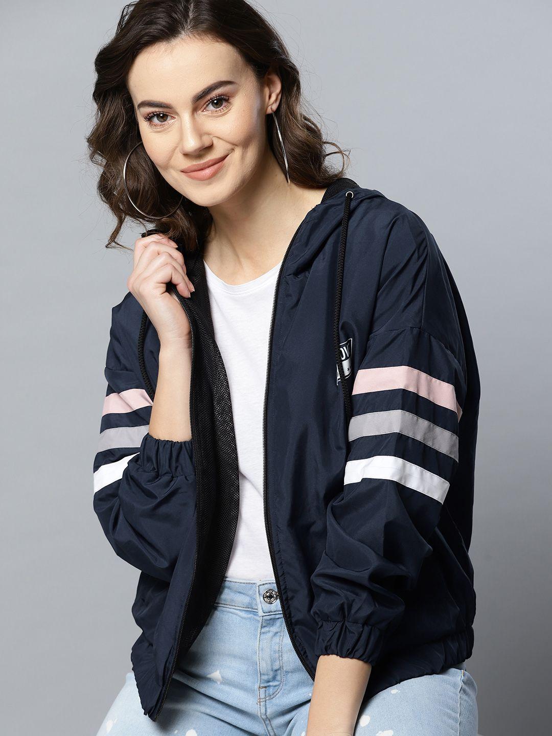 mast & harbour women navy blue solid lightweight hooded bomber jacket