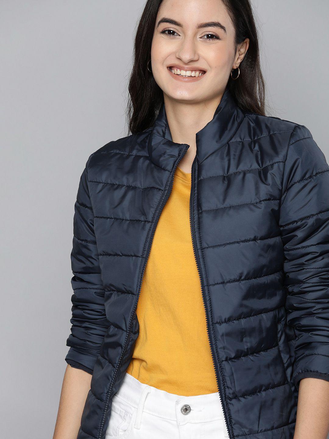 mast & harbour women navy blue solid padded jacket