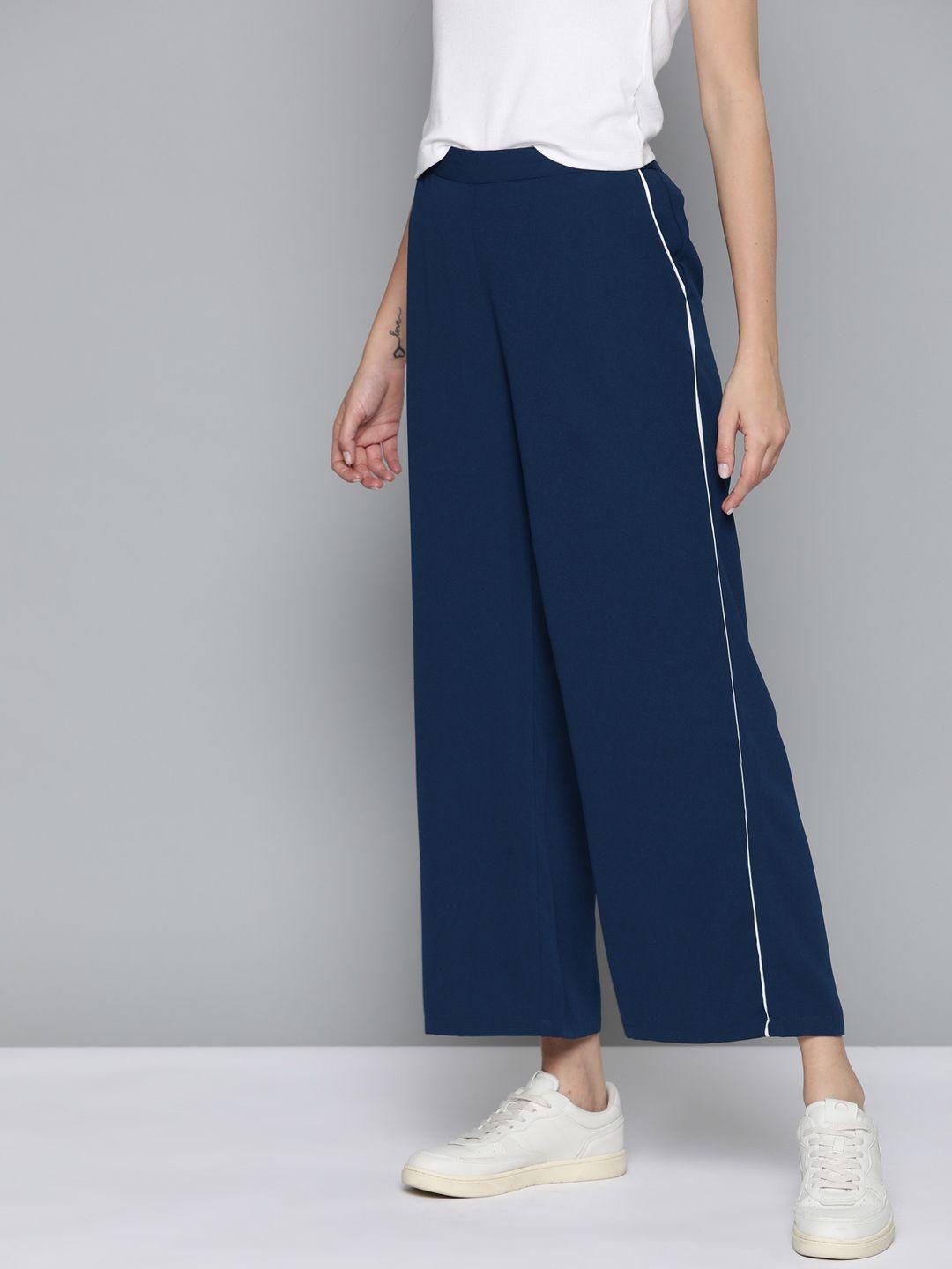 mast & harbour women navy blue solid trousers