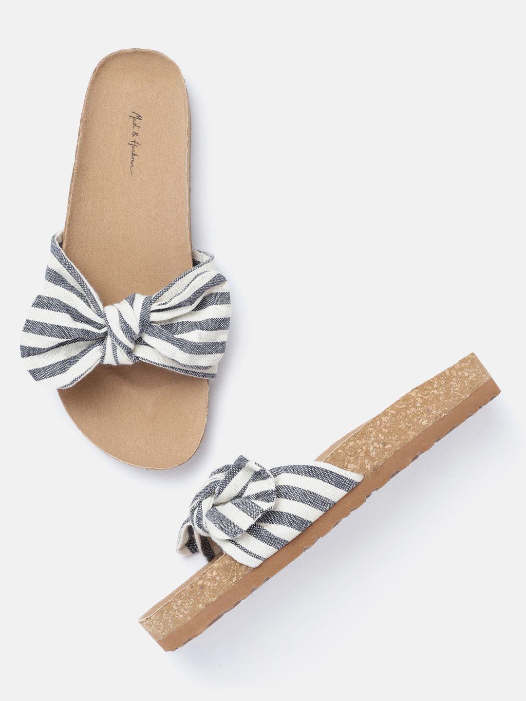 mast & harbour women off white & blue striped open toe flats with bow detail
