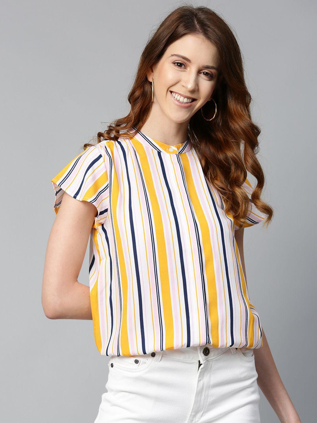 mast & harbour women off-white & mustard yellow pleated candy-striped blouson pure cotton top