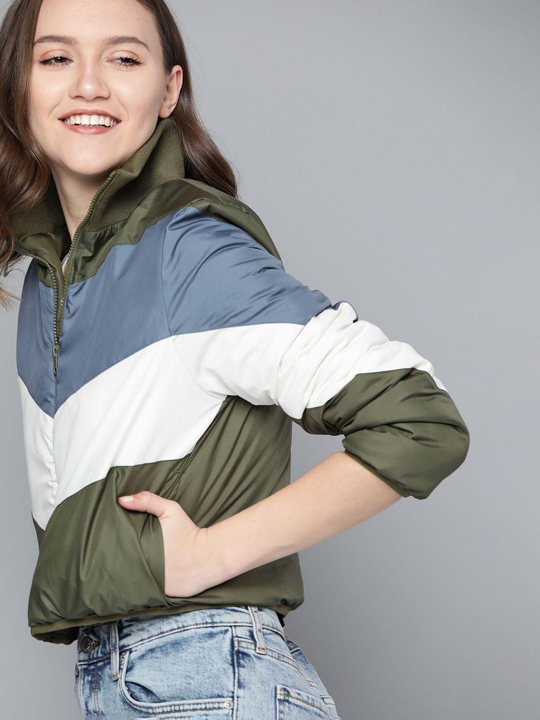 mast & harbour women olive green & white colourblocked cropped padded jacket