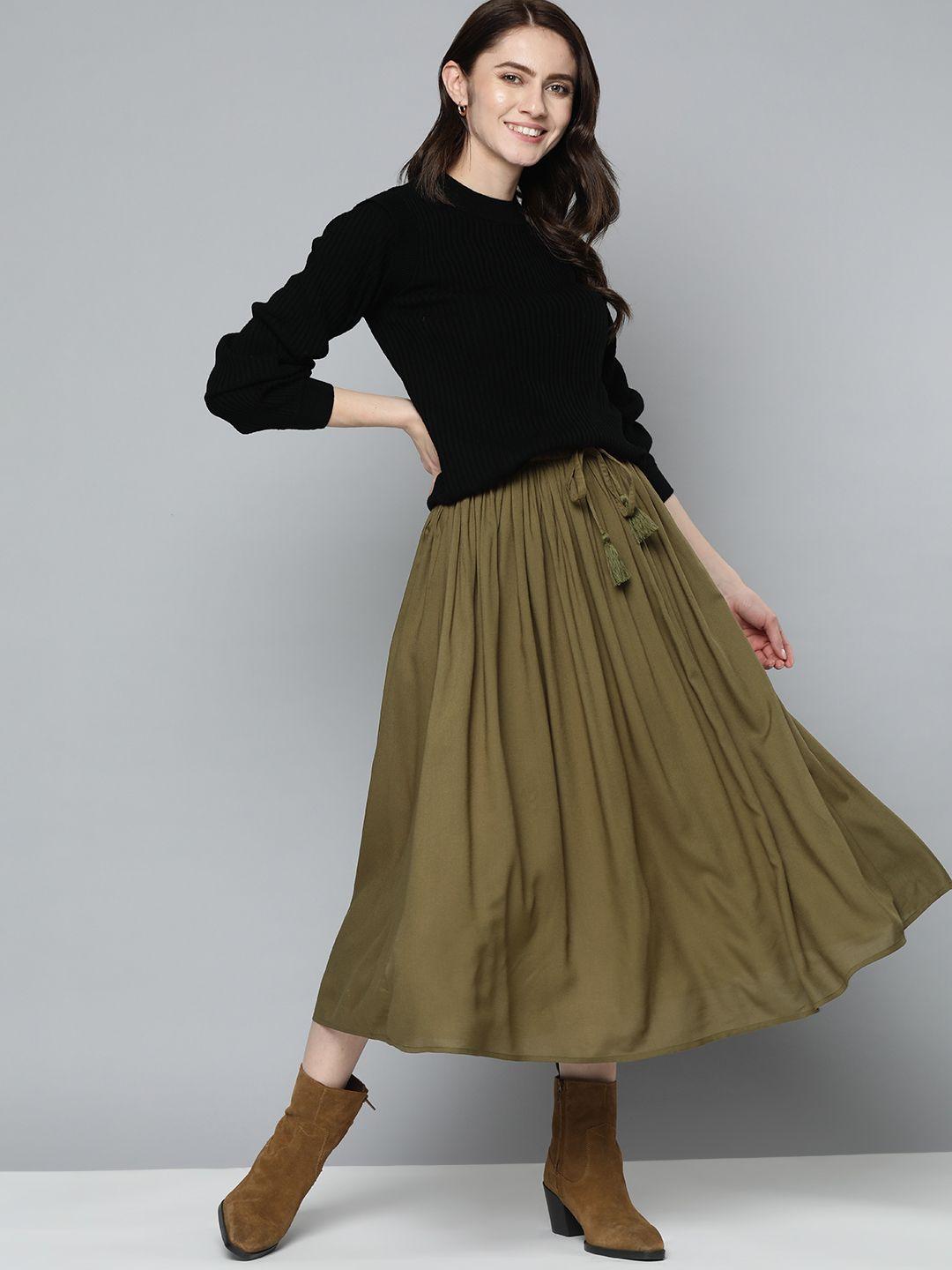 mast & harbour women olive green solid flared midi skirt