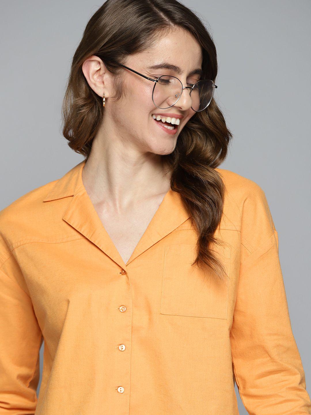 mast & harbour women orange cotton linen crop casual shirt