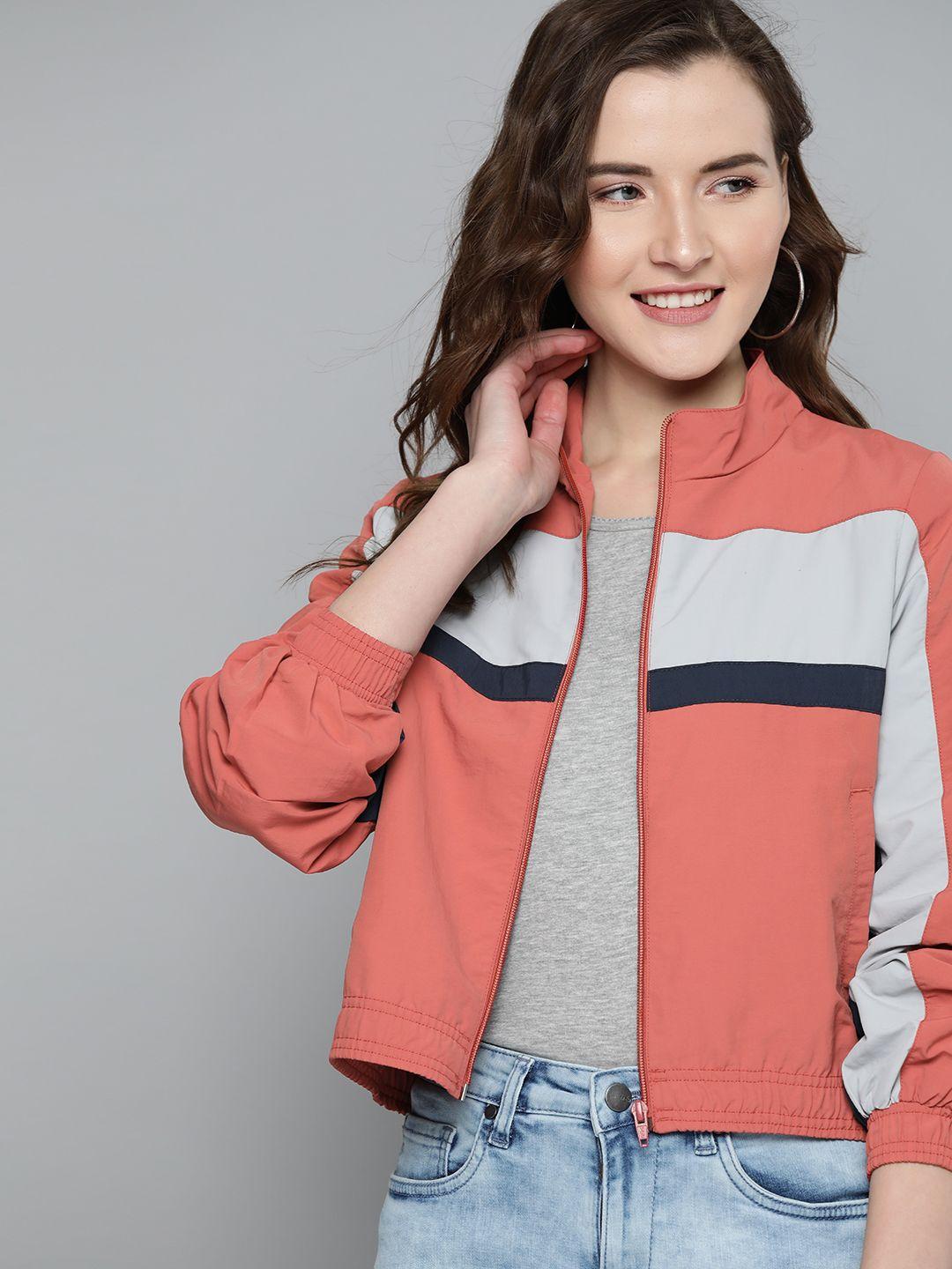 mast & harbour women peach-coloured & grey striped bomber jacket