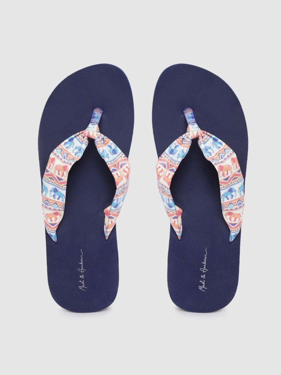 mast & harbour women peach-coloured & navy blue ethnic motifs print thong flip-flops