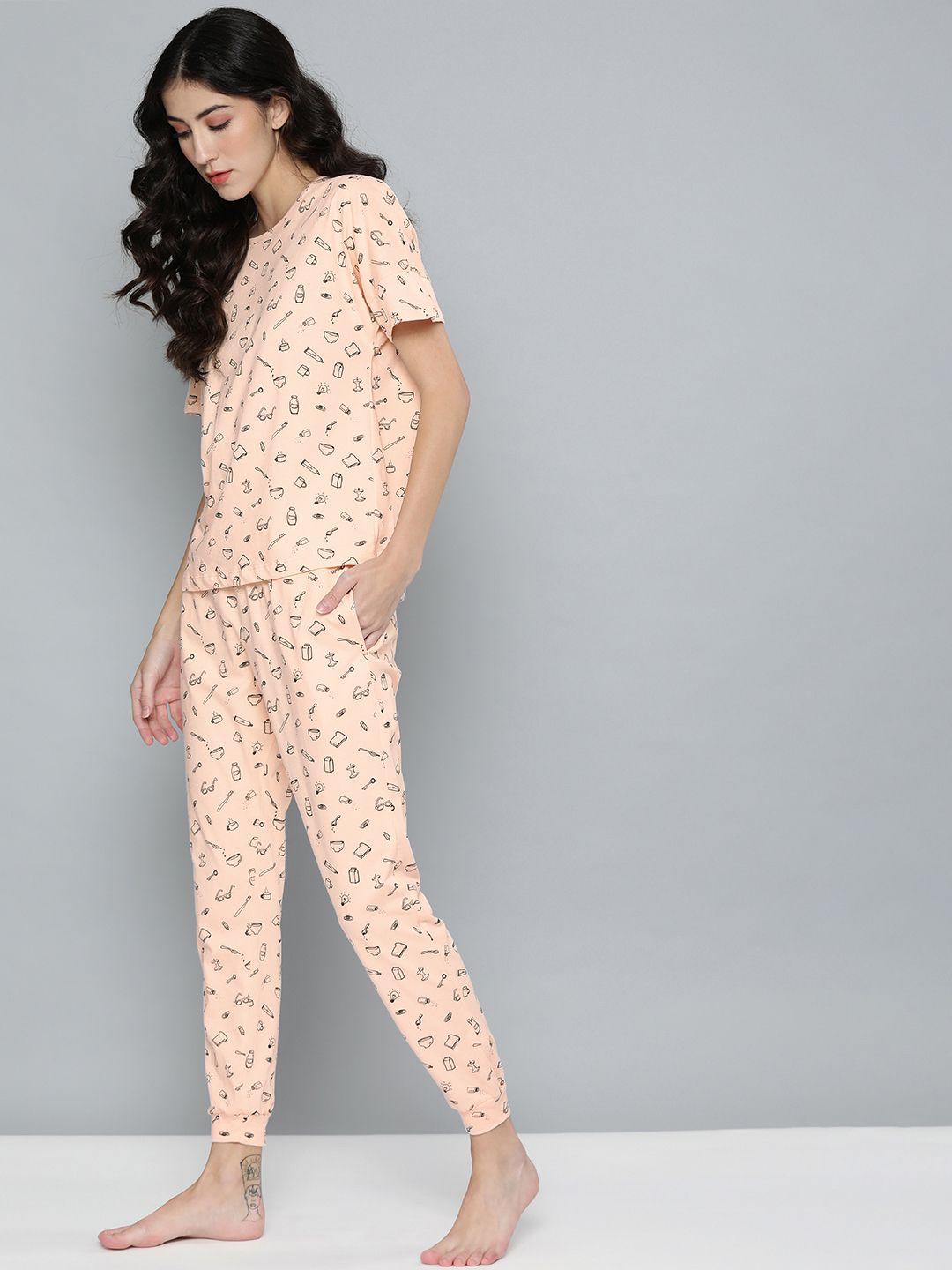 mast & harbour women peach-coloured printed pure cotton night suit