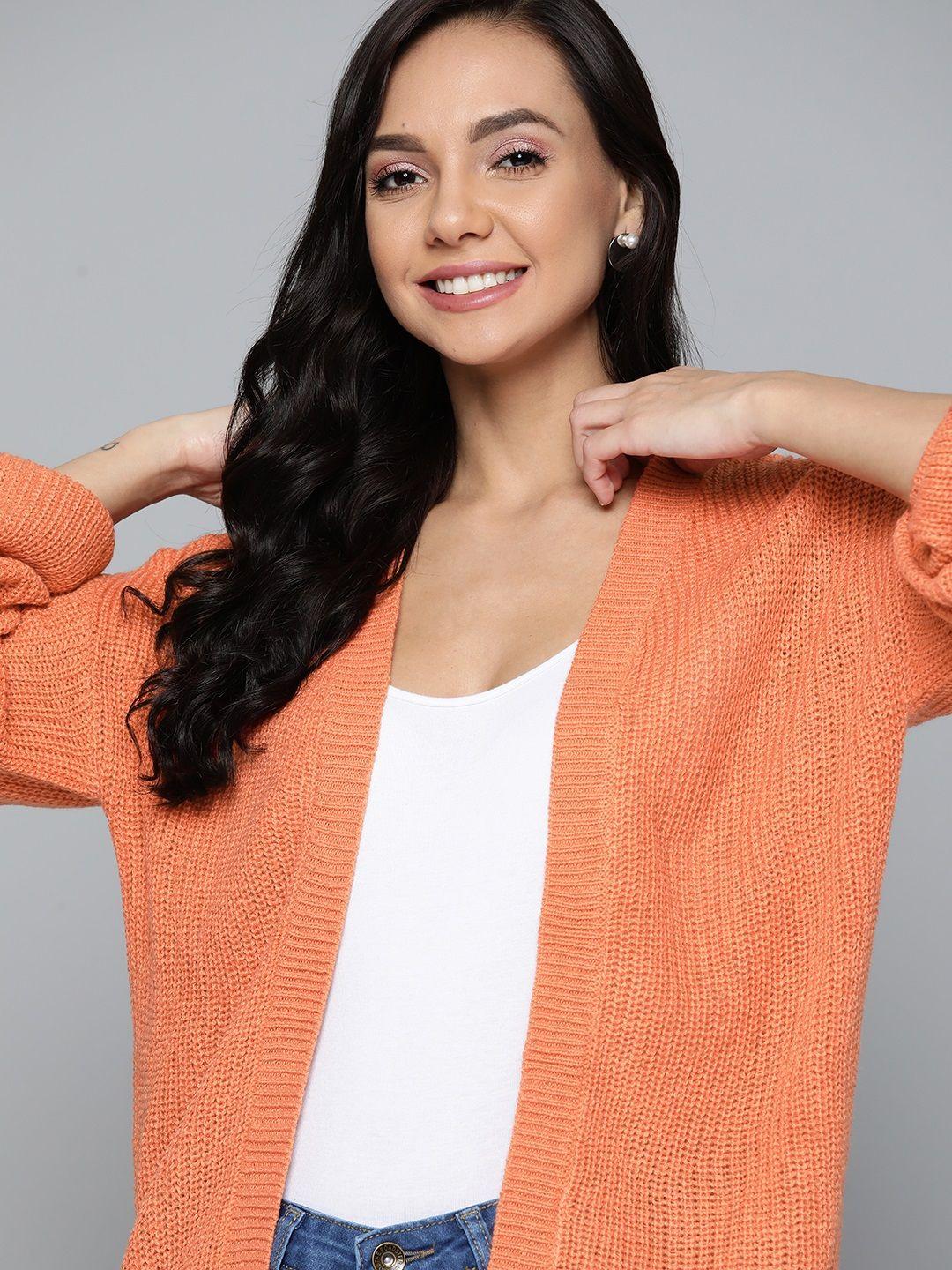 mast & harbour women peach-coloured ribbed front-open longline sweater