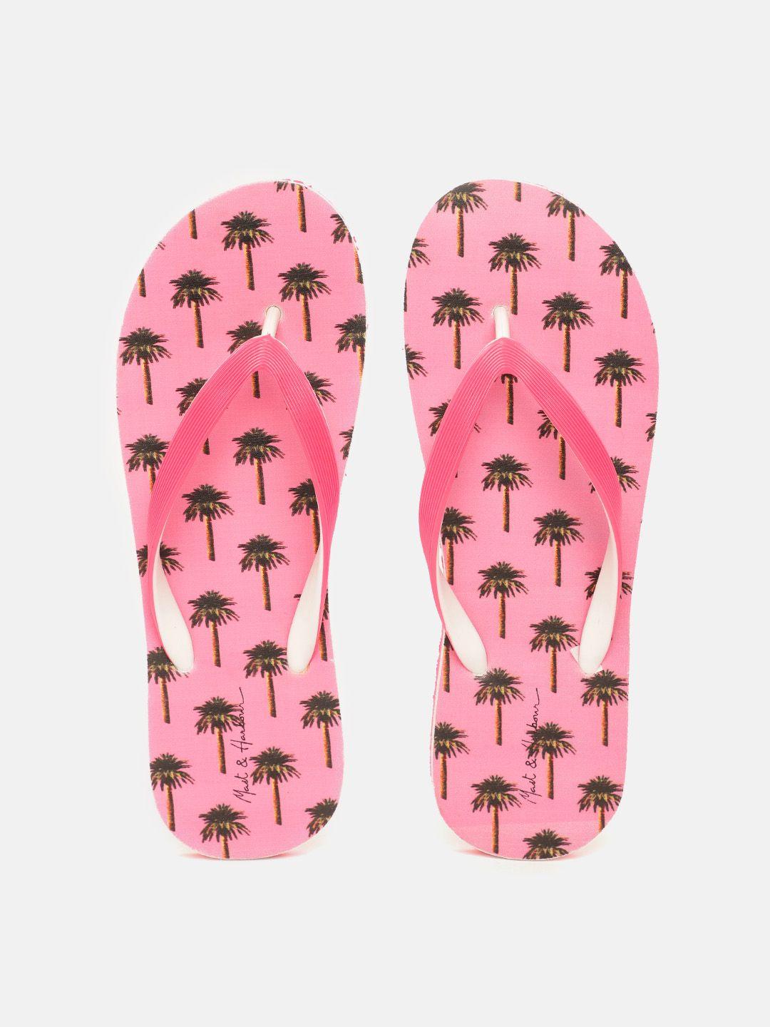 mast & harbour women pink & charcoal grey tropical print thong flip-flops