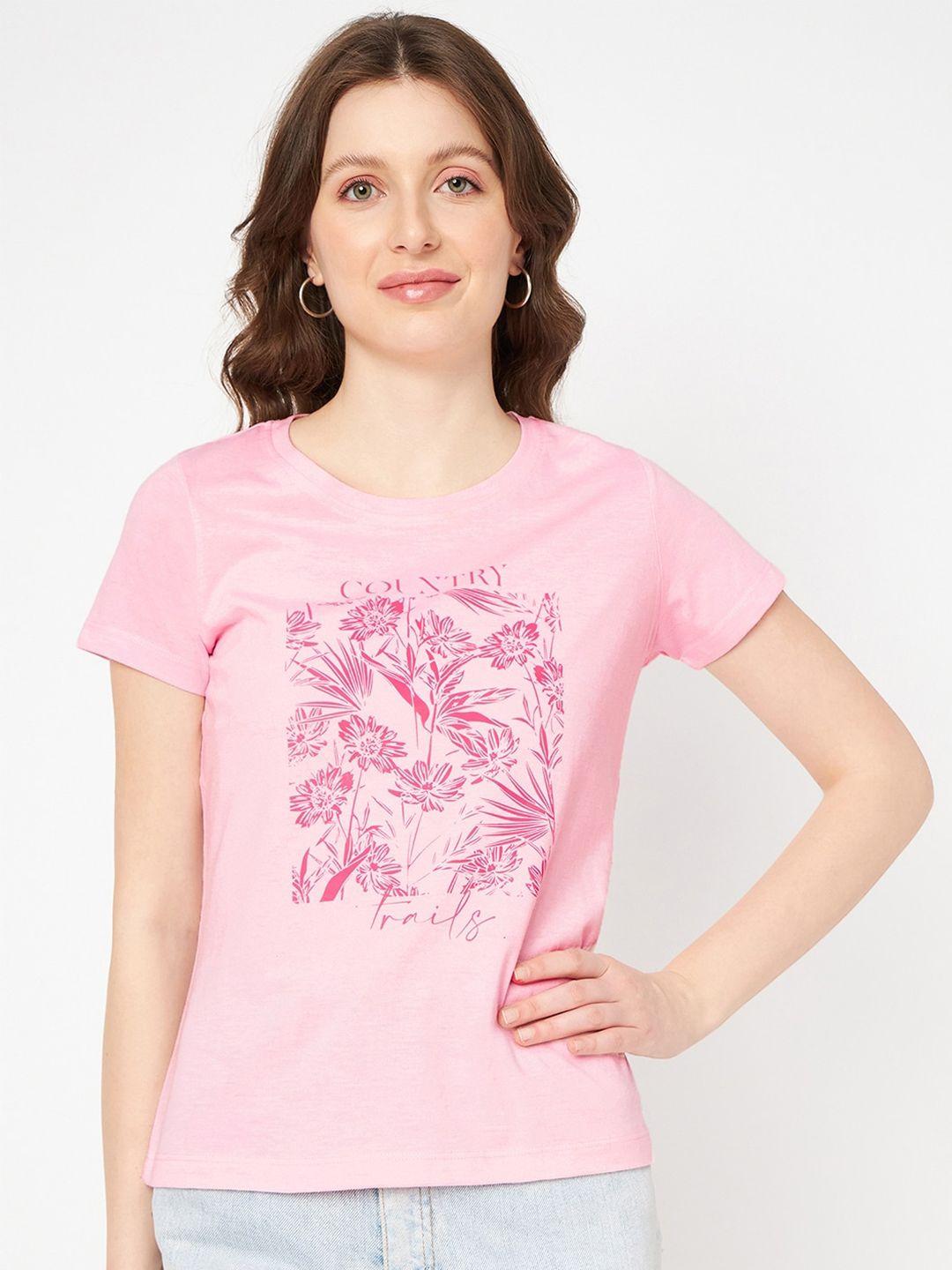 mast & harbour women pink floral printed pure cotton raw edge t-shirt