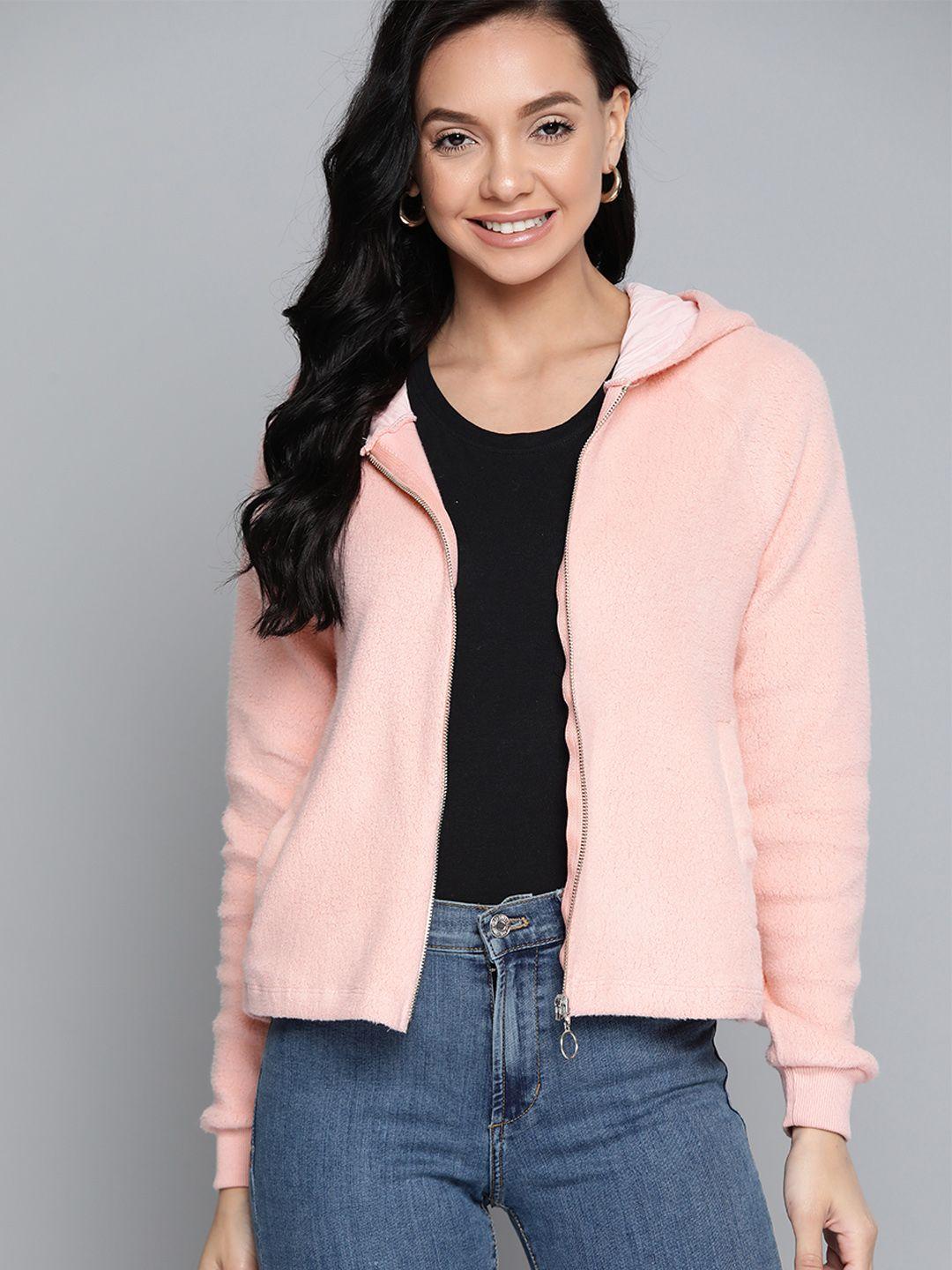 mast & harbour women pink solid fleece hooded sweatshirt