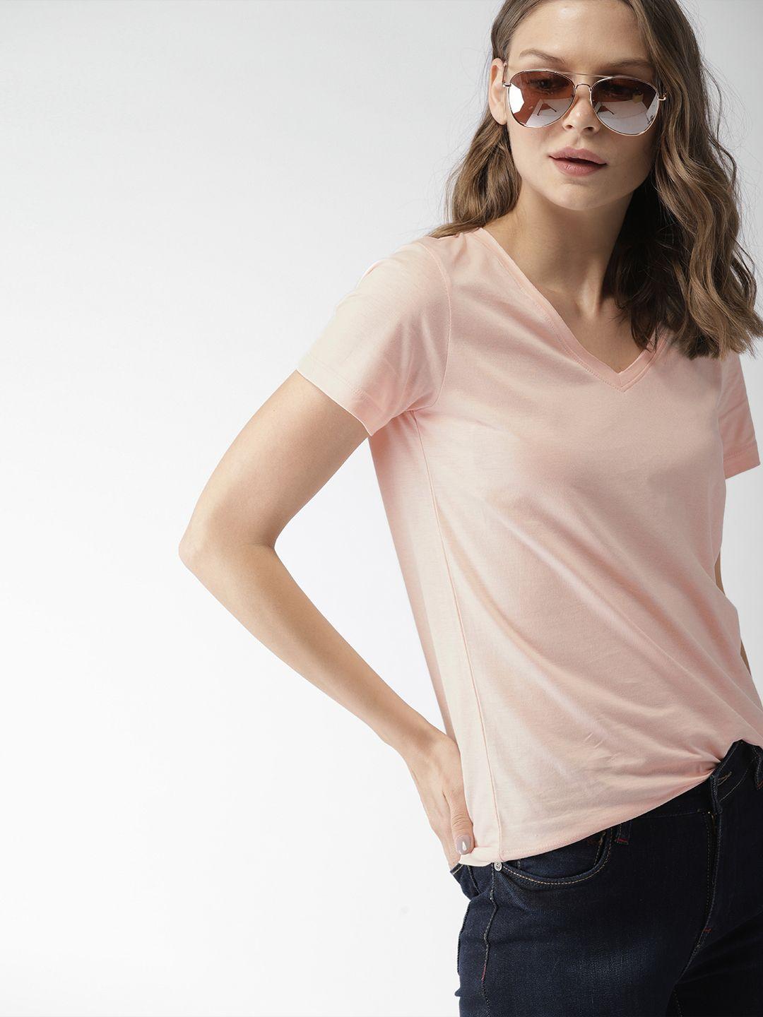 mast & harbour women pink solid v-neck t-shirt
