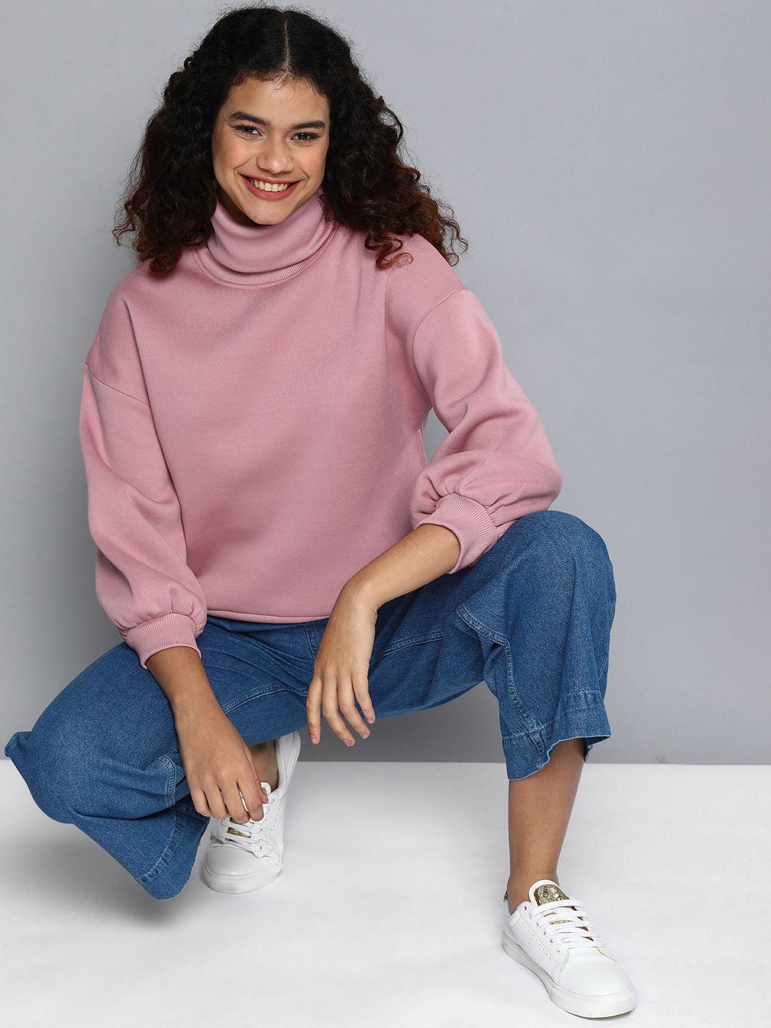 mast & harbour women pink turtle neck three-quarter sleeves sweatshirt