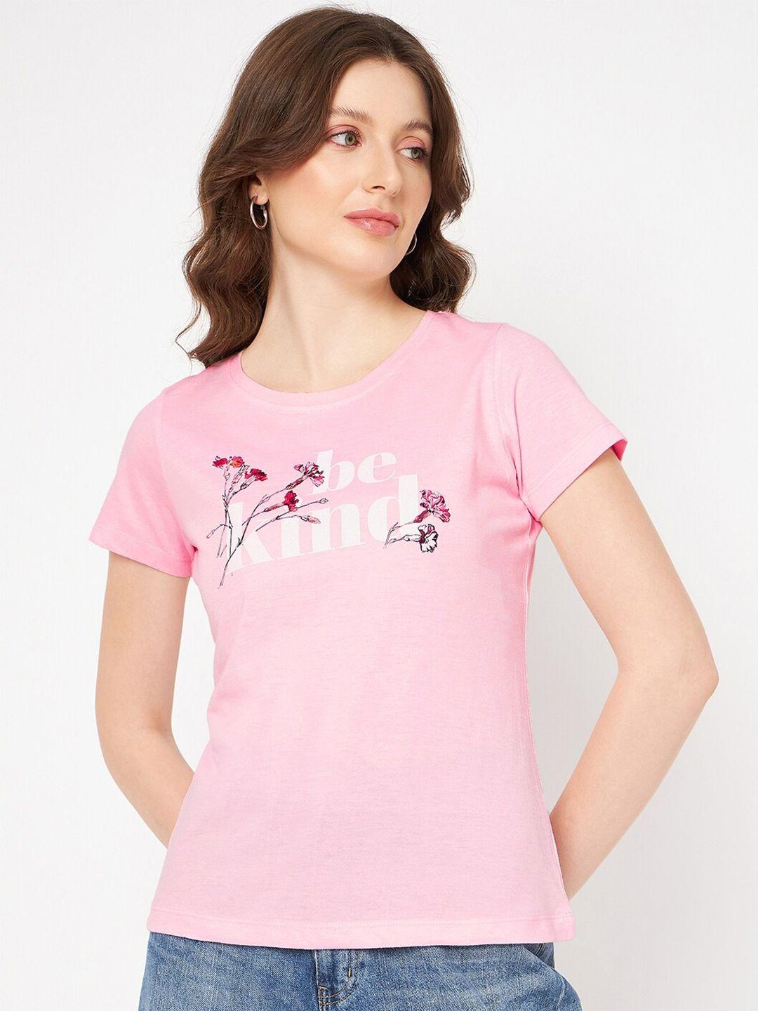 mast & harbour women pink typography printed extended sleeves pure cotton applique t-shirt