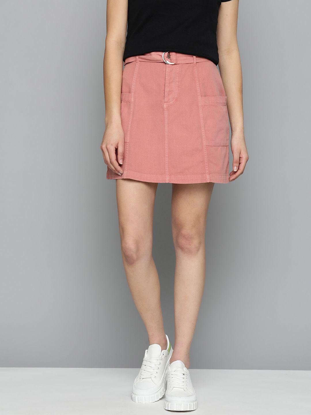 mast & harbour women pure cotton denim mini skirt with belt