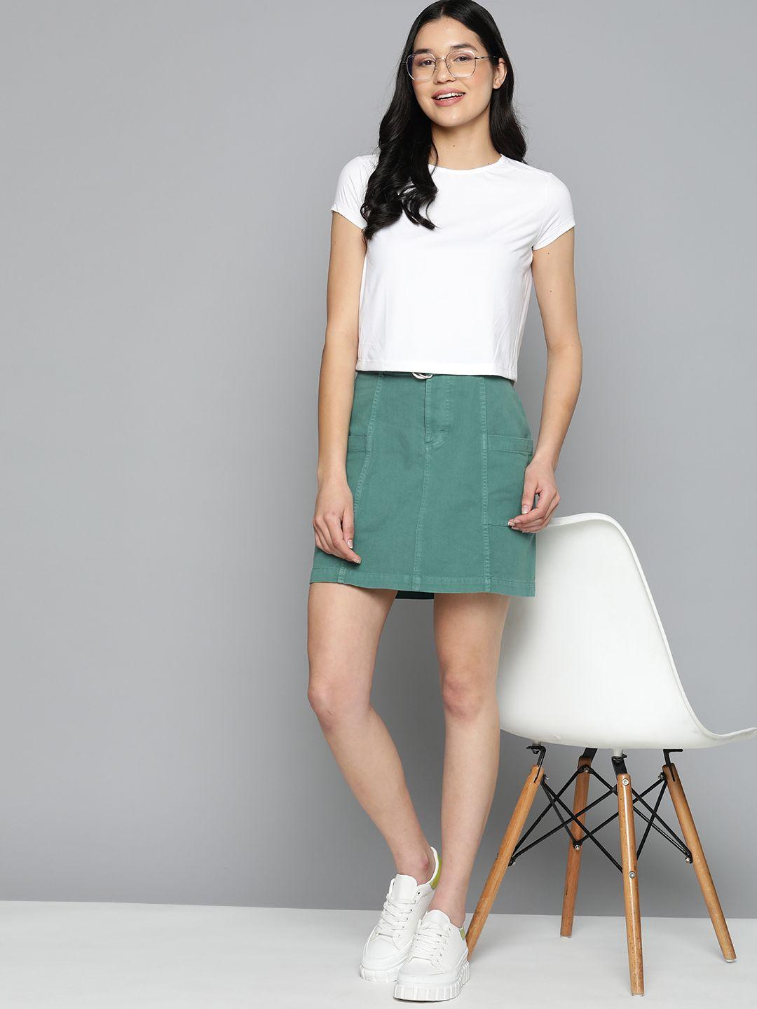 mast & harbour women pure cotton denim mini skirt with belt