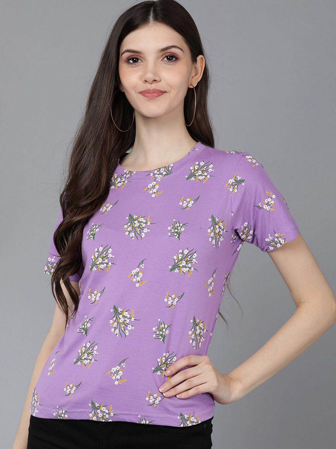 mast & harbour women purple & white floral printed cotton t-shirt