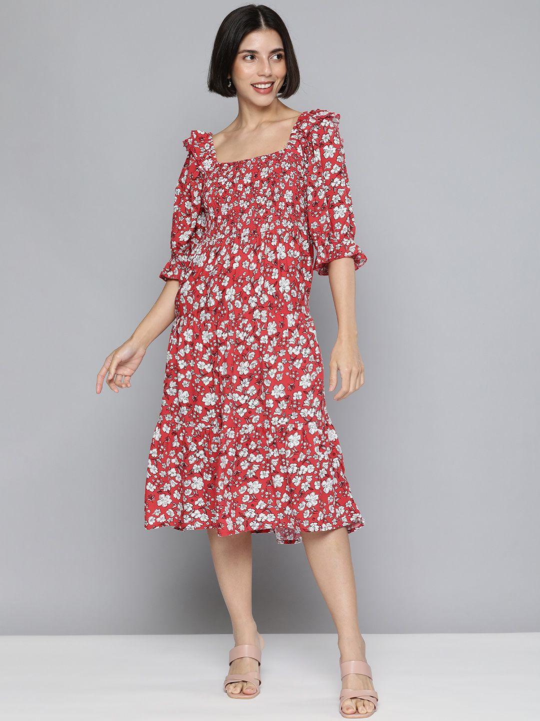 mast & harbour women red floral print tiered a-line midi dress