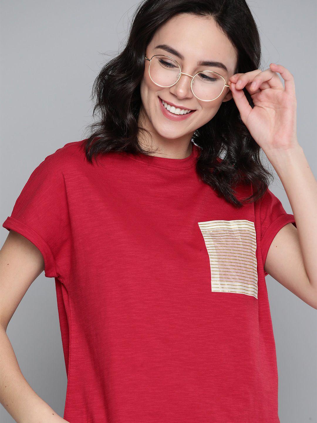 mast & harbour women red solid cotton round neck t-shirt