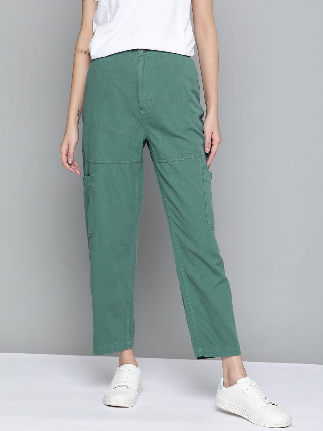 mast & harbour women sage green solid chinos trousers