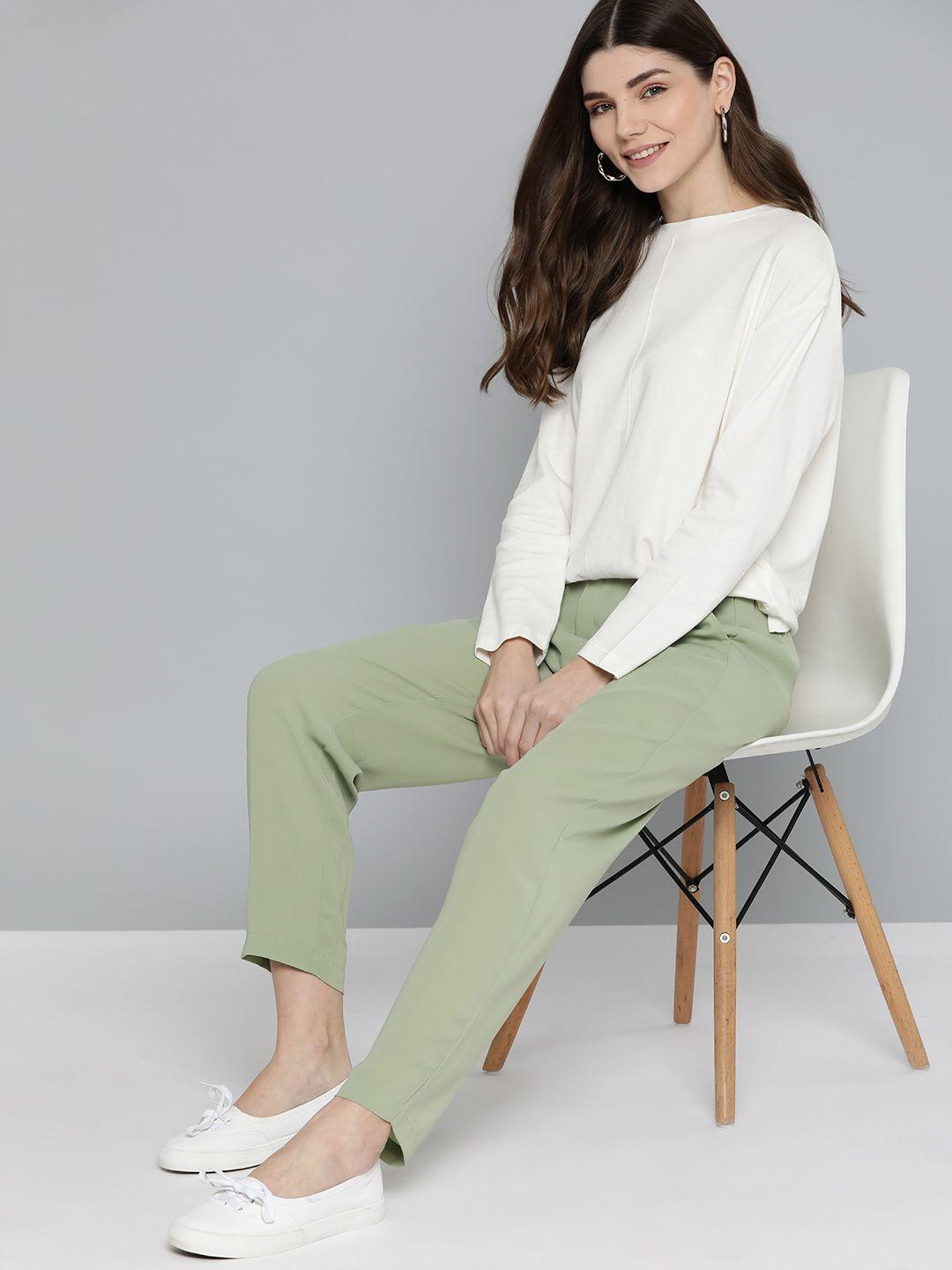 mast & harbour women sage green solid pleated trousers
