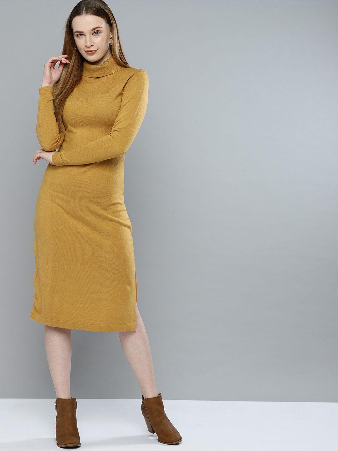 mast & harbour women solid mustard yellow jumper dress