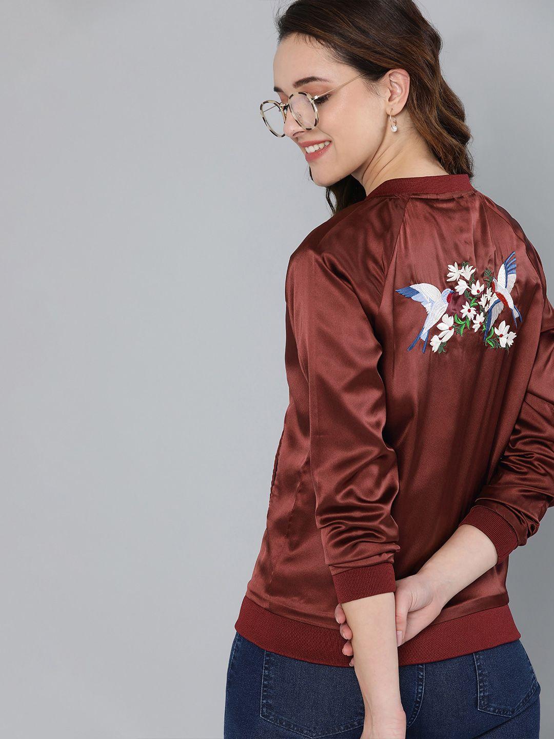 mast & harbour women solid satin finish embroidered bomber jacket