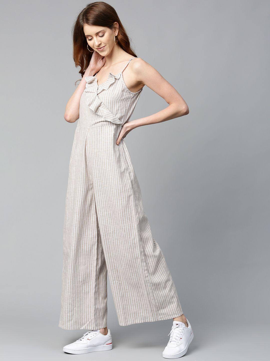 mast & harbour women taupe & white striped basic jumpsuit
