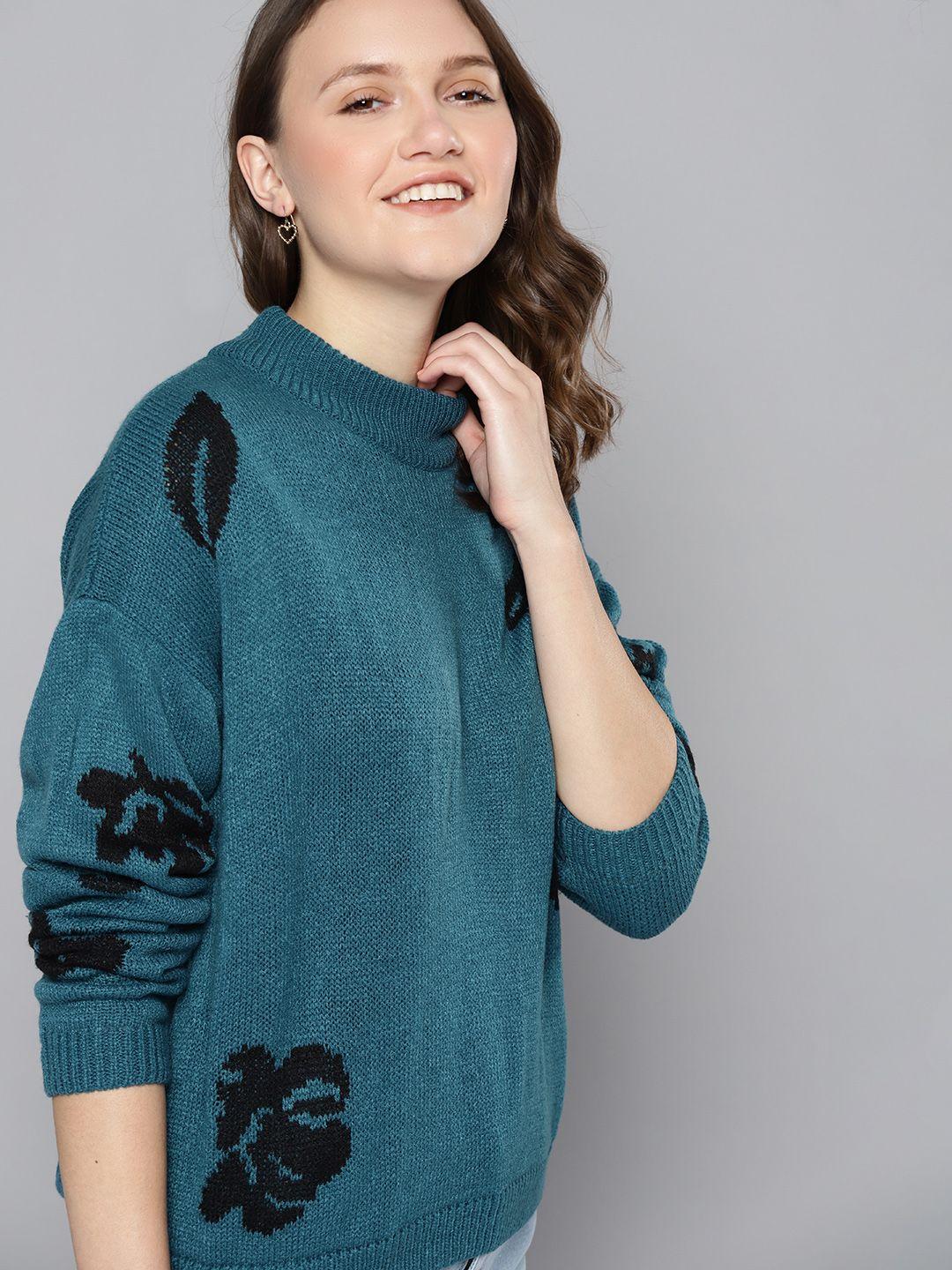 mast & harbour women teal & black printed pullover