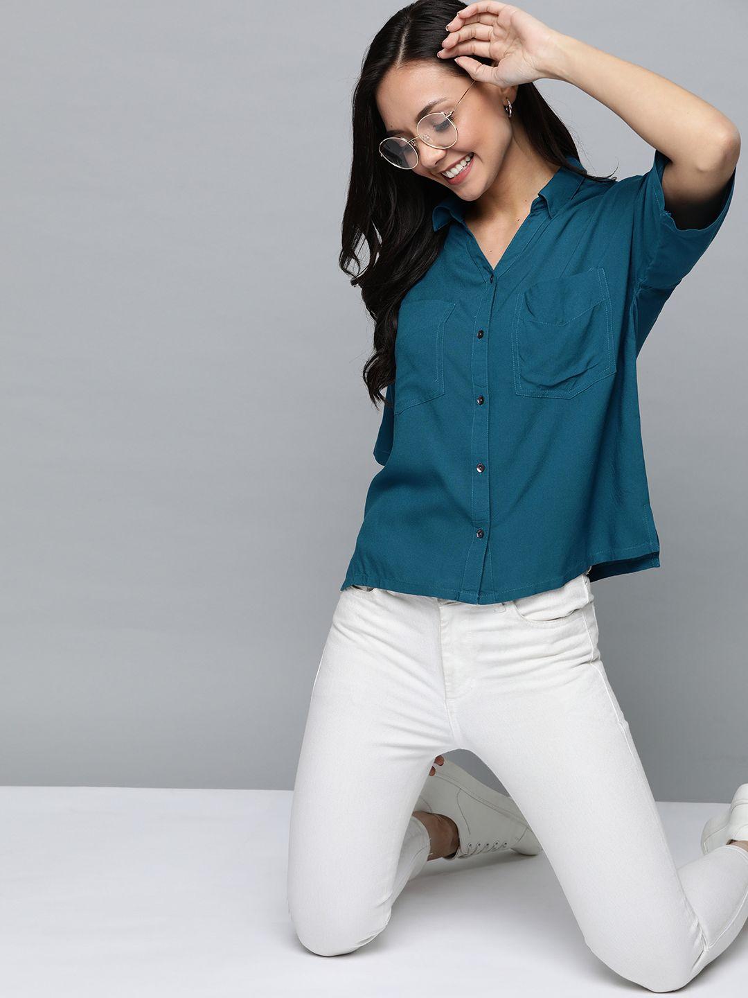 mast & harbour women teal blue boxy solid casual shirt