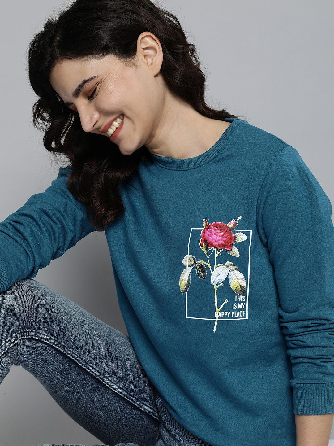 mast & harbour women teal blue floral printed sweatshirt