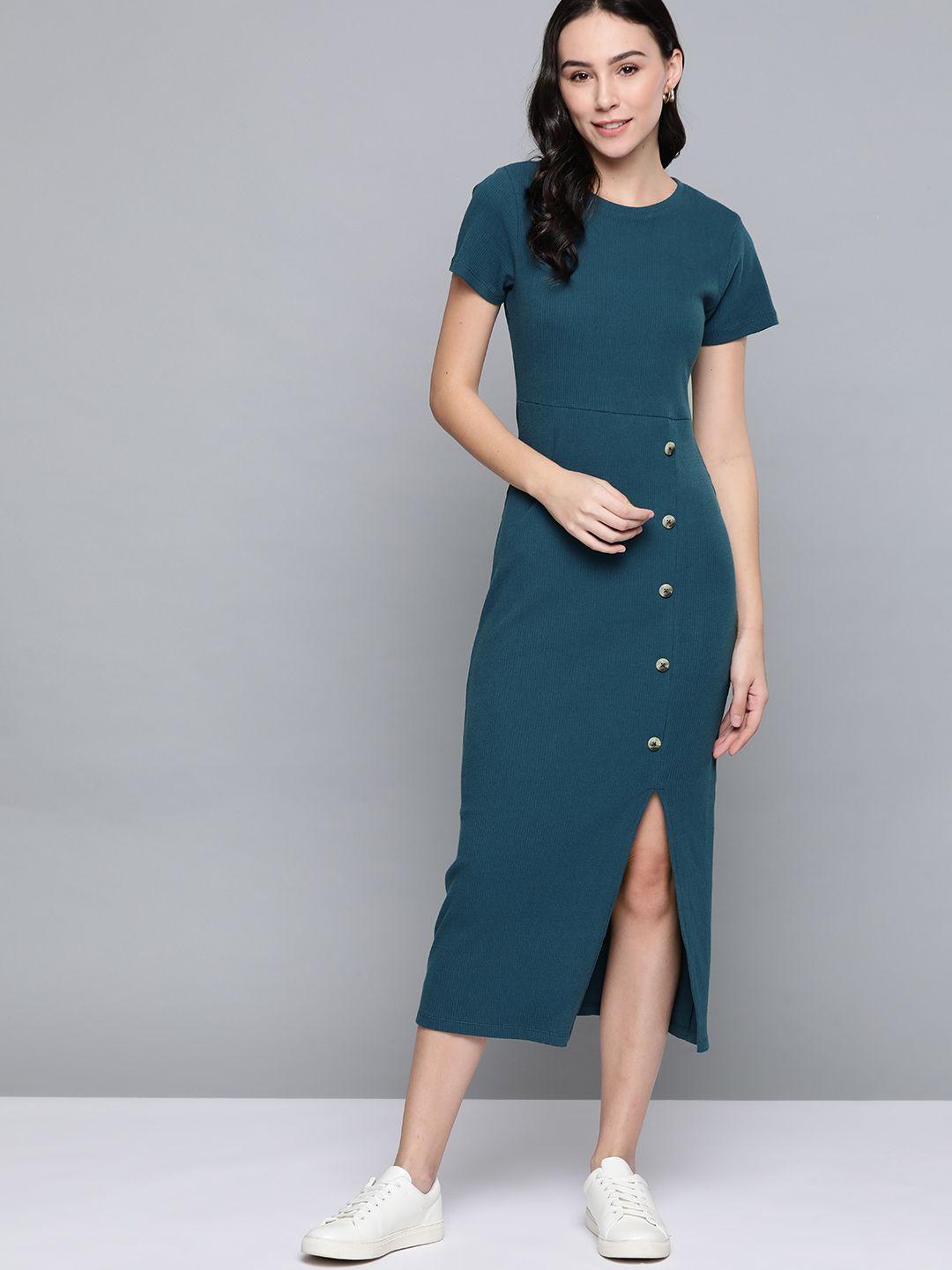 mast & harbour women teal blue ribbed a-line dress