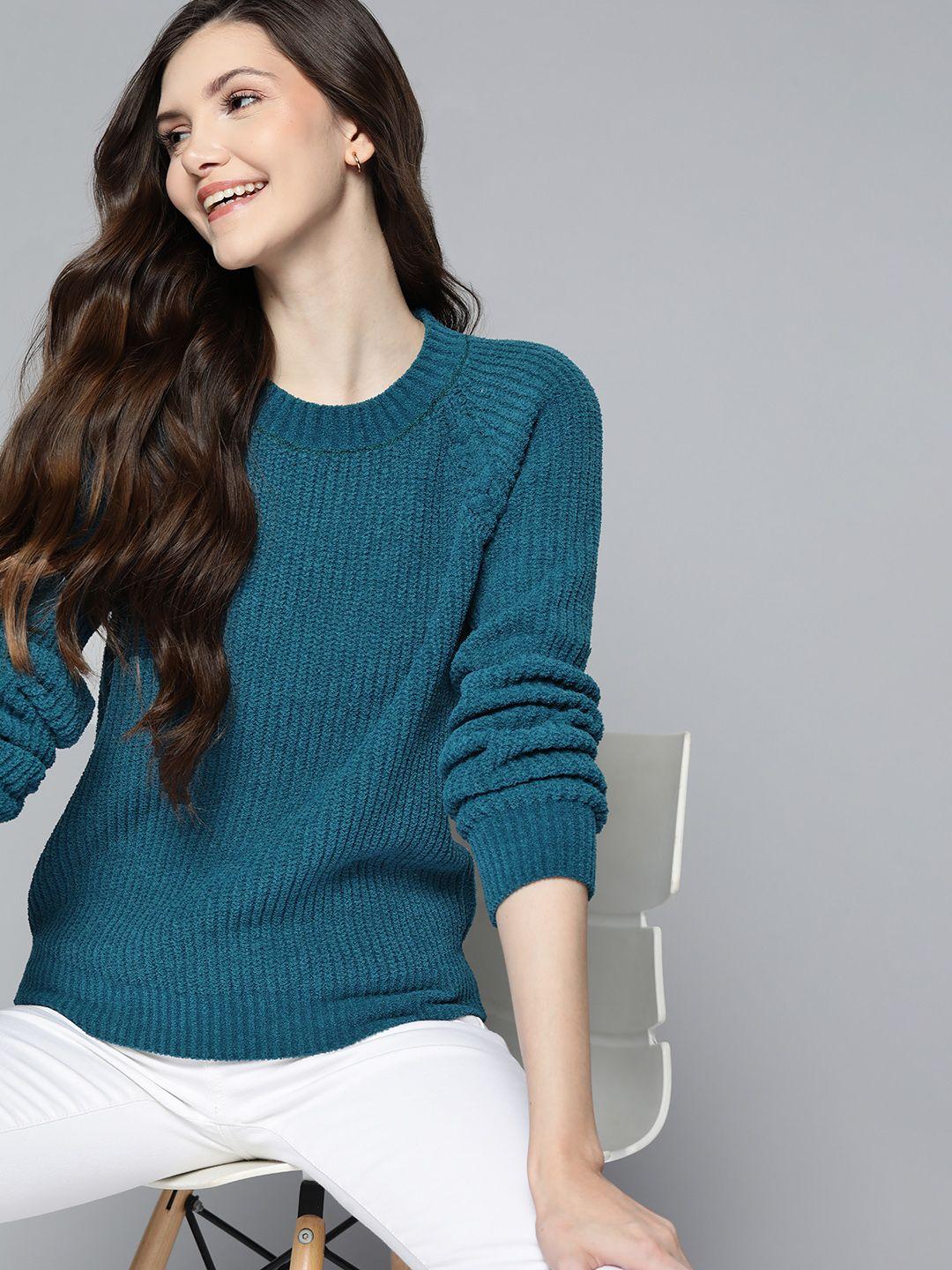 mast & harbour women teal blue solid pullover