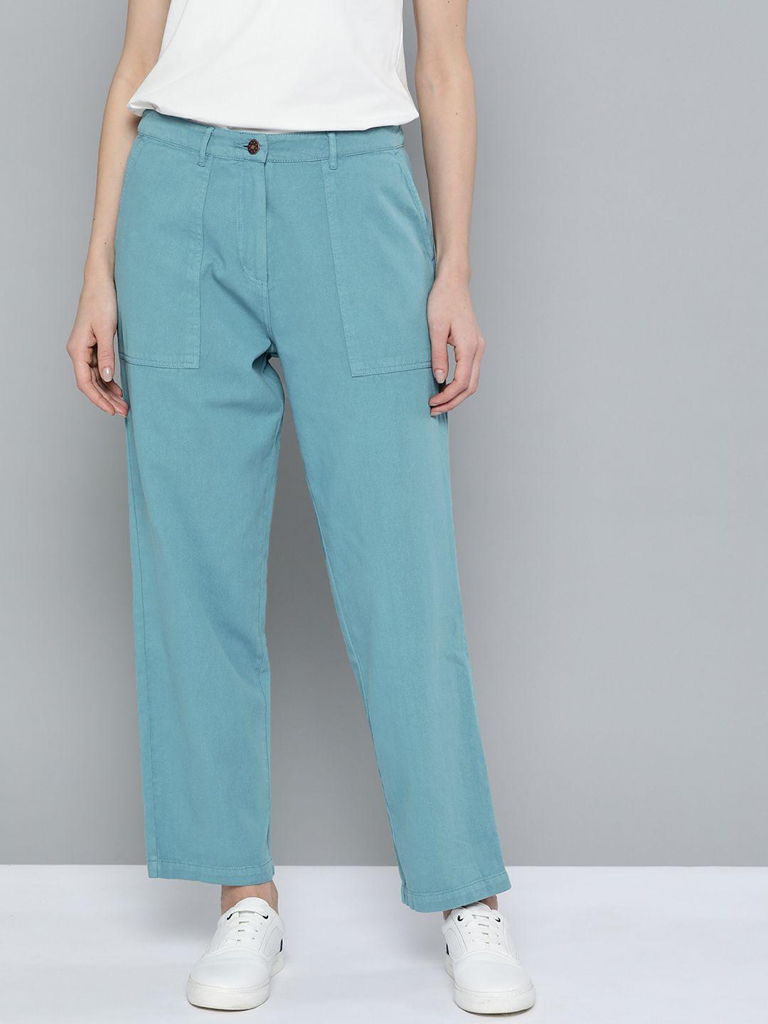 mast & harbour women turquoise blue solid regular trousers