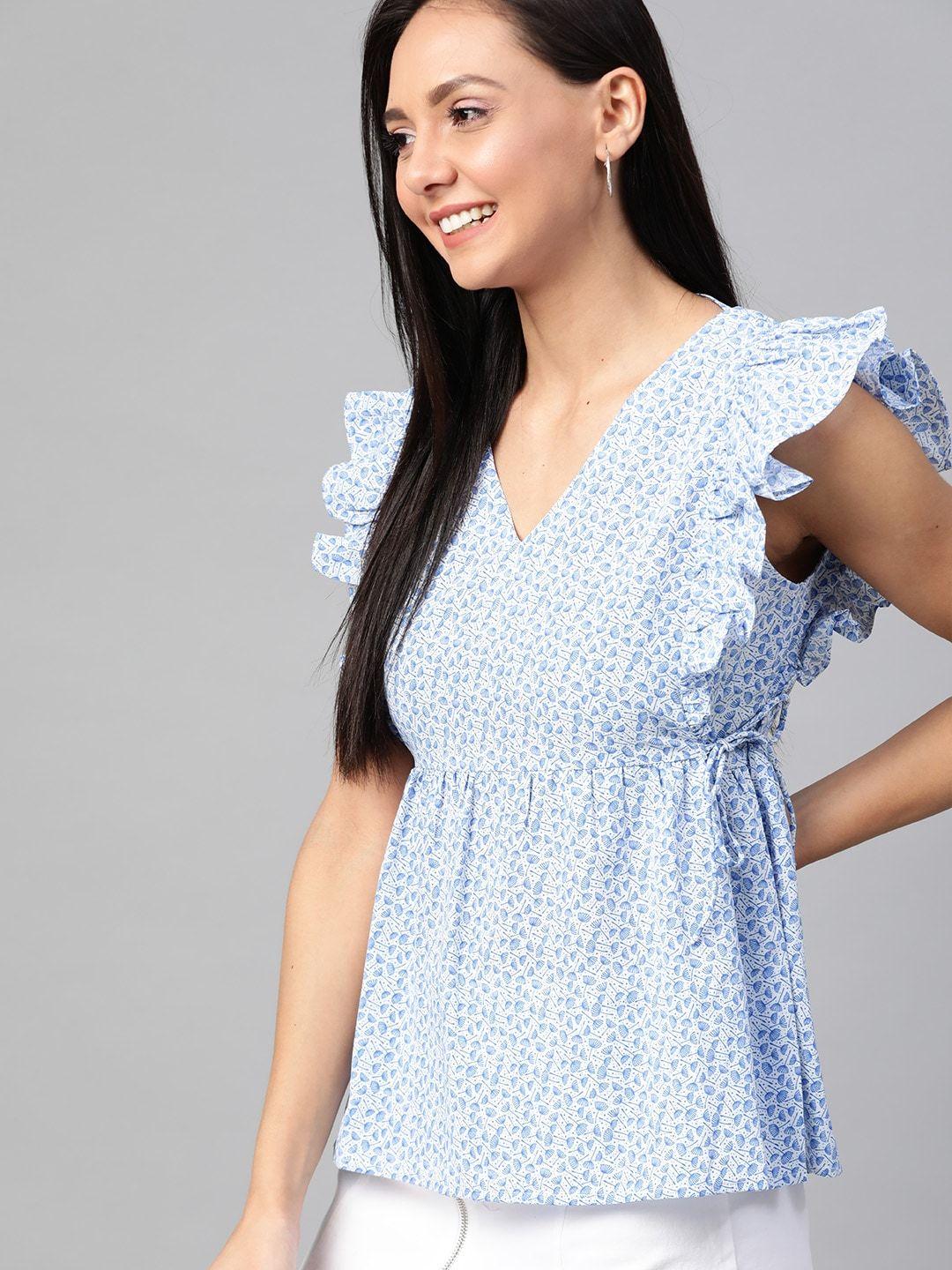 mast & harbour women white & blue printed cinched waist sustainable top