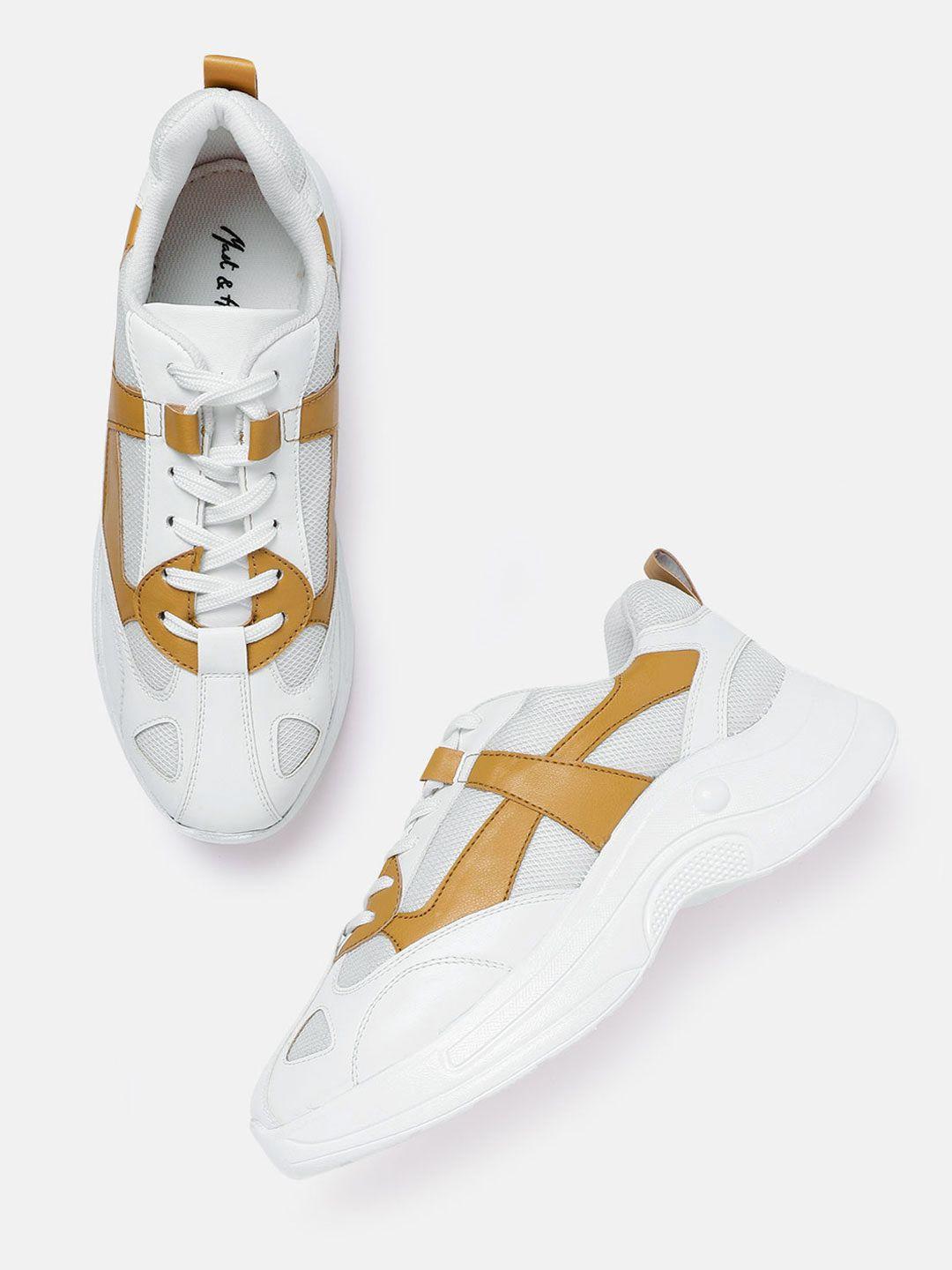 mast & harbour women white & mustard yellow colourblocked flatform sneakers