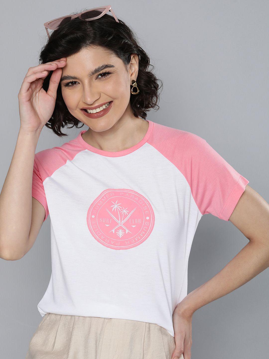 mast & harbour women white & pink typography printed applique t-shirt