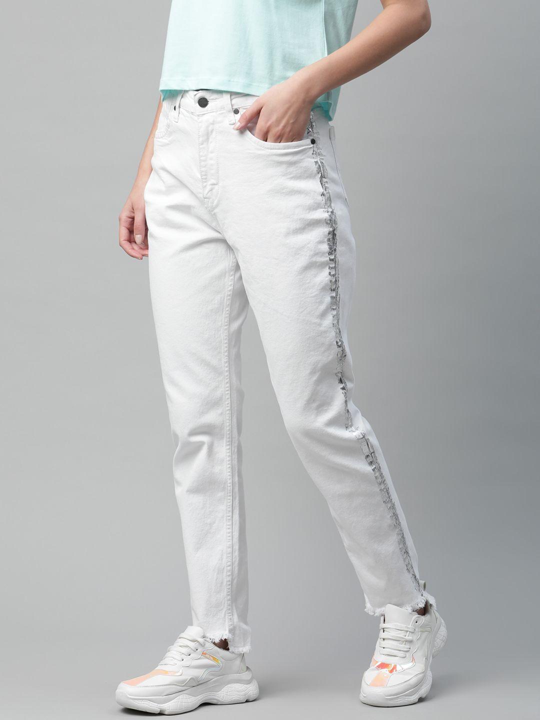 mast & harbour women white boyfriend fit printed stretchable jeans