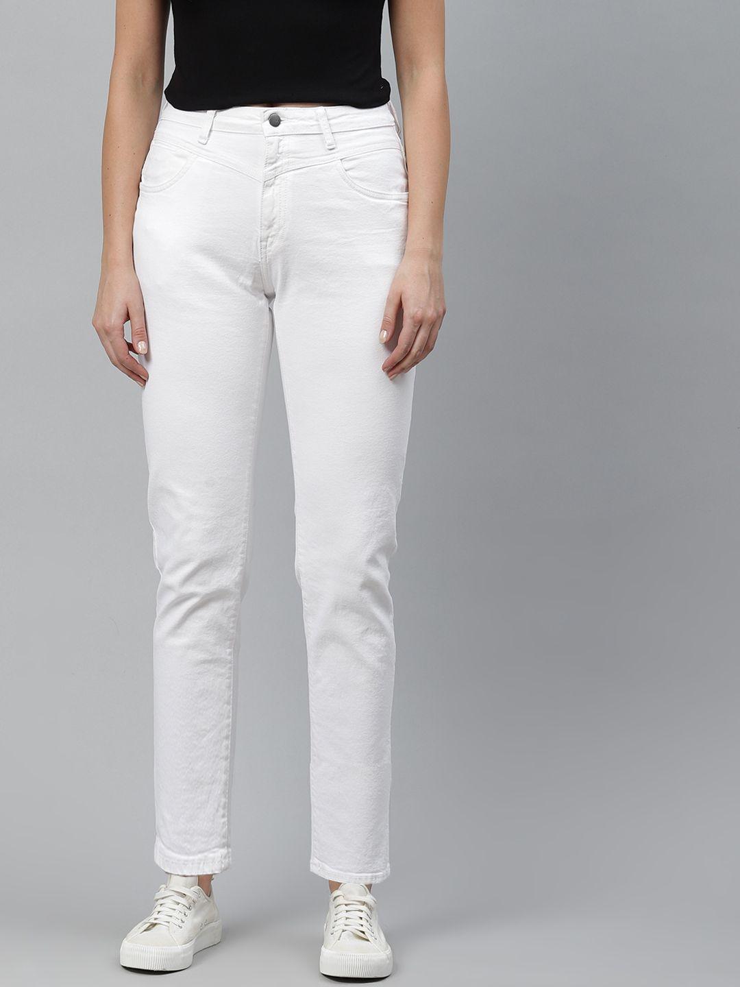 mast & harbour women white boyfriend fit stretchable jeans