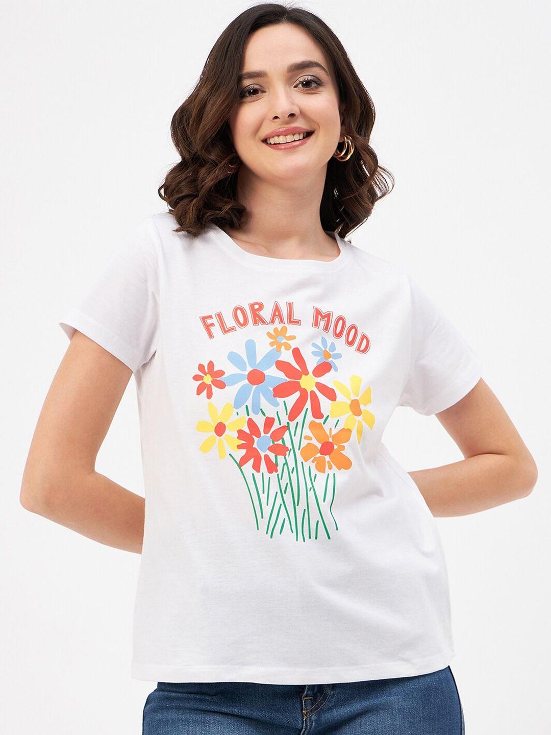 mast & harbour women white floral printed pure cotton t-shirt