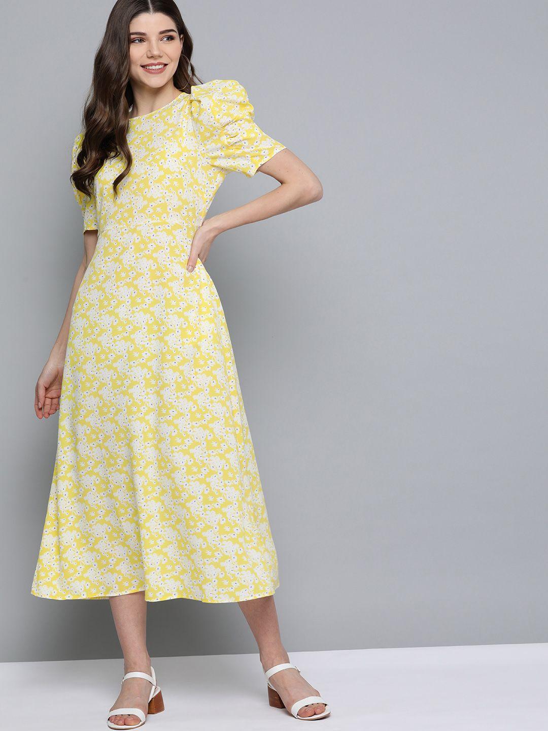 mast & harbour women yellow & white floral printed a-line dress