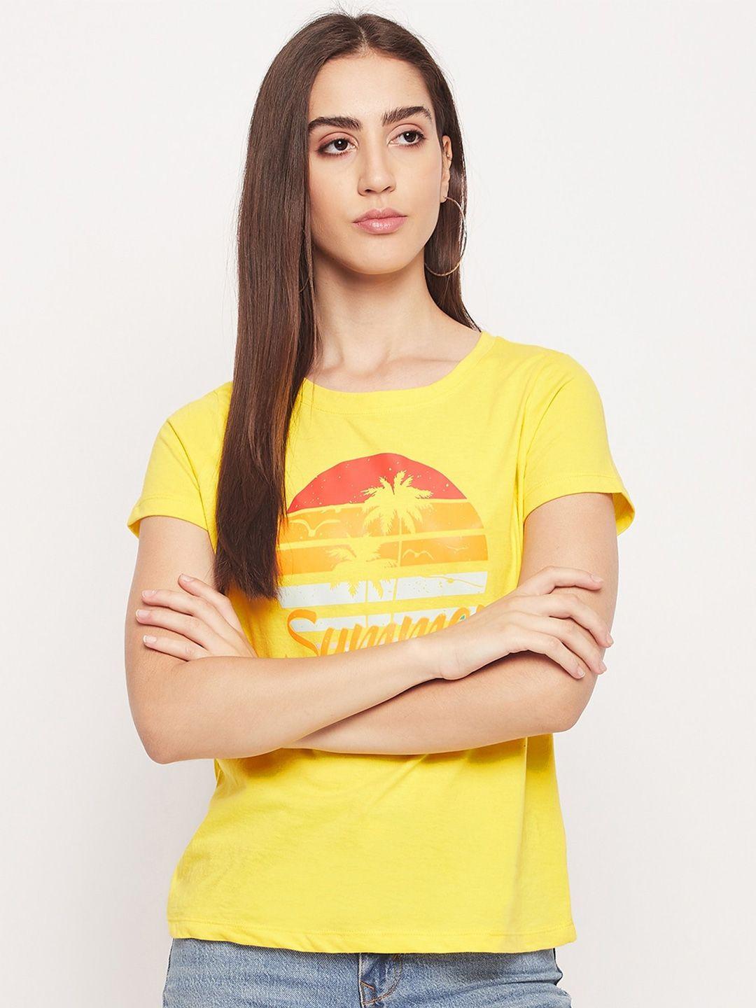 mast & harbour women yellow typography printed pure cotton applique t-shirt